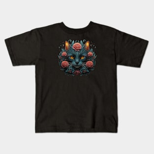 Black cat in dark flolar Kids T-Shirt